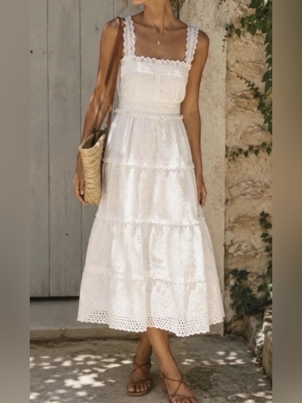 GAP x DOEN Eyelet Midi Dress White Floral Cotton Size L Summer Spring Coastal